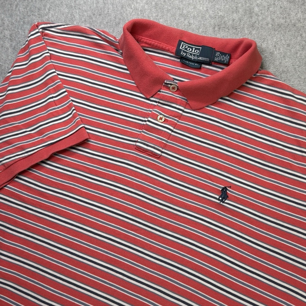 Polo Ralph Lauren Custom Fit Striped Red Navy White‎ Polo Shirt XL Casual Preppy